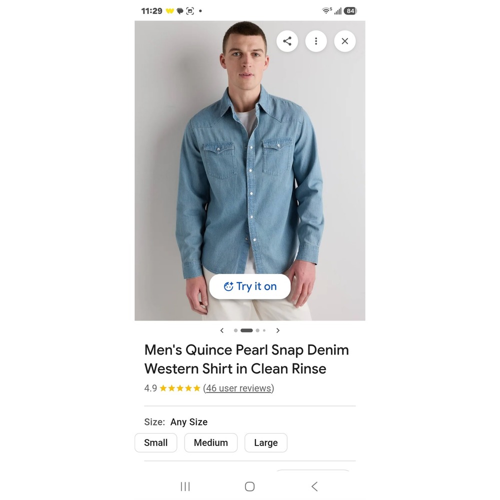 Quince Mens Pearl Snap Denim Western Shirt Clean Rinse Light Wash XL NWT
